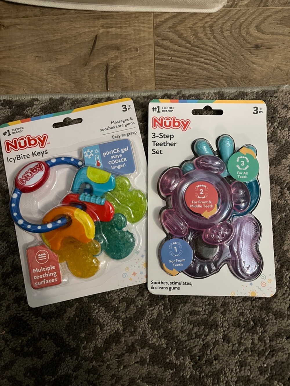 Nuby set of teethers- Multi-Color IcyBite Keys & 3-Step Teether Set